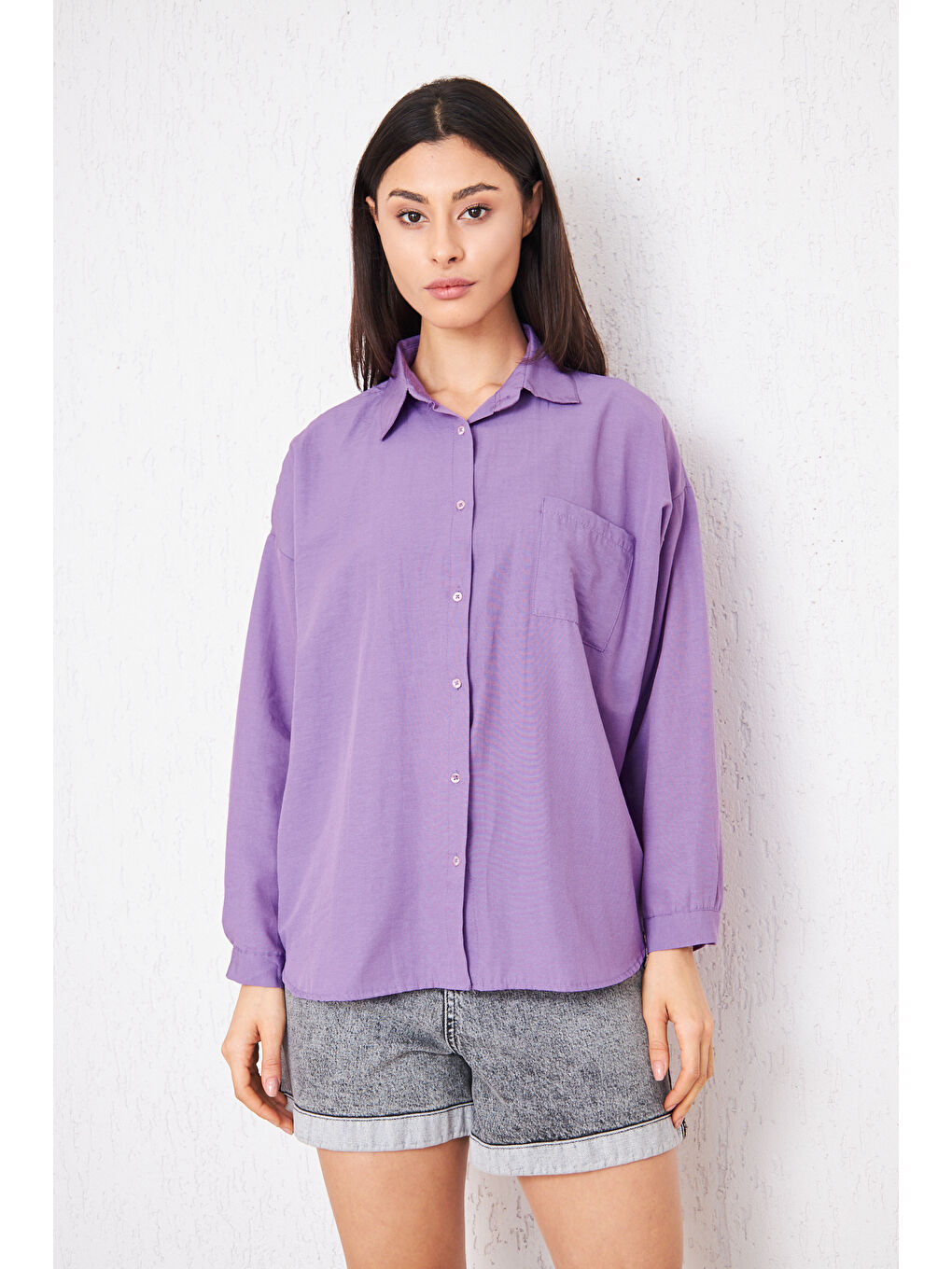 Kadın Cepli Trend Kollu Düğmeli Mor Gömlek-2