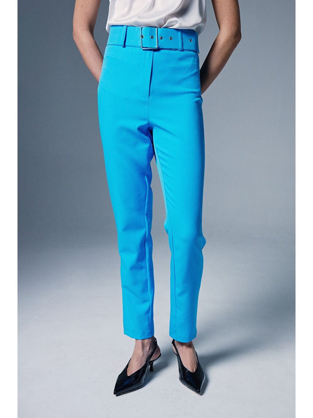 Yüksek Bel Kemerli Pantolon - Bebe Mavi-3