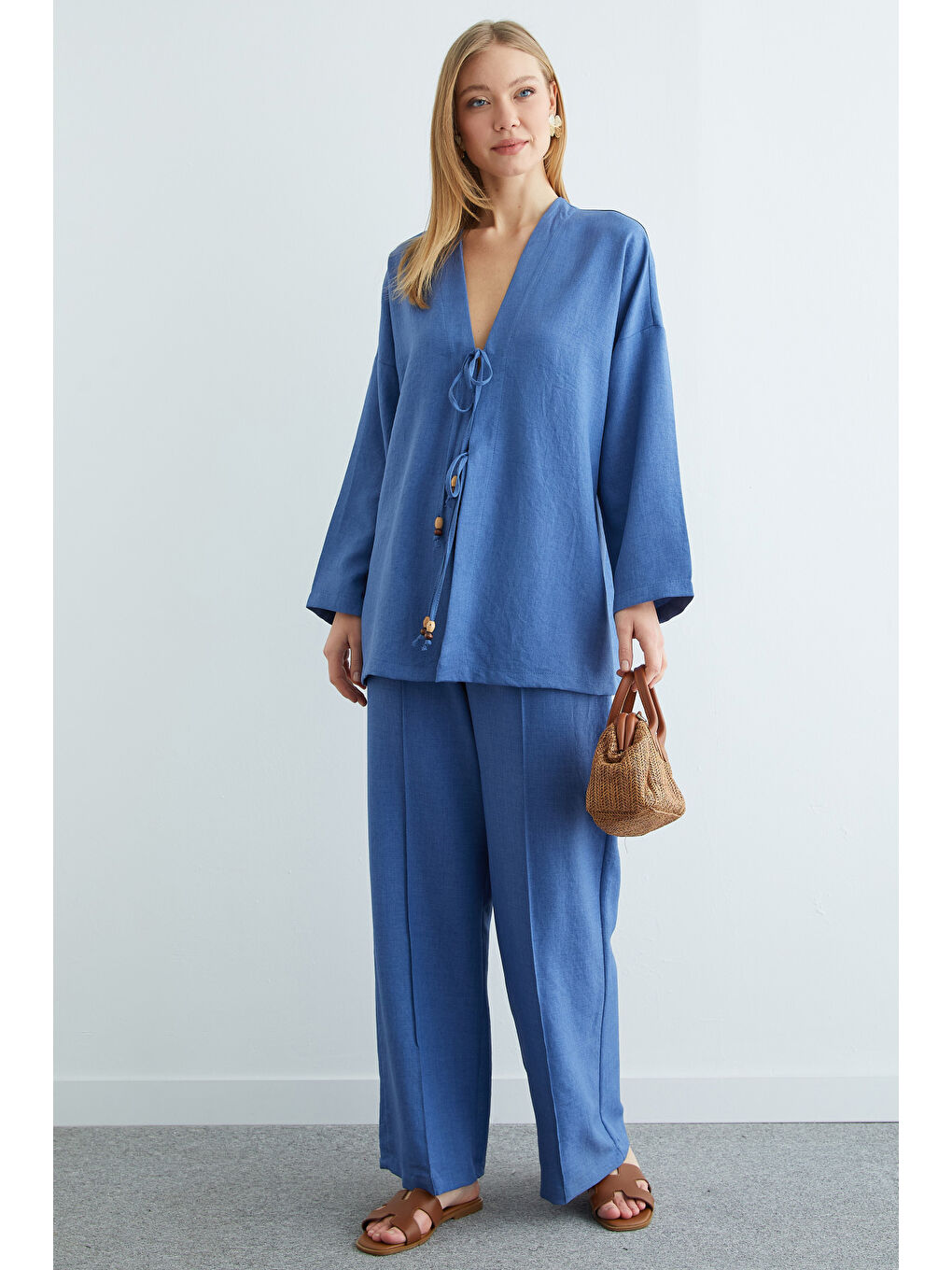 İndigo Önü Bağlamalı Keten Kimono 2 Li Takım-4