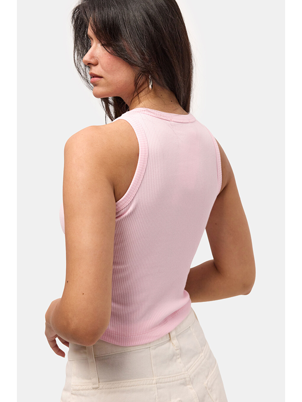 Kadın Pembe s6-98 Sıfır Kol Esnek Kumaş Crop Top-3