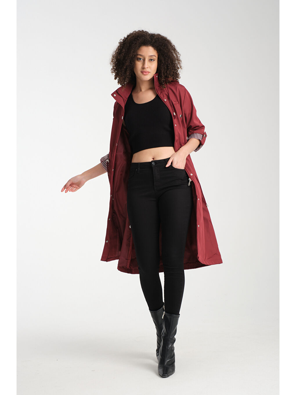Bordo Kadın Uzun Trençkot 8154-4