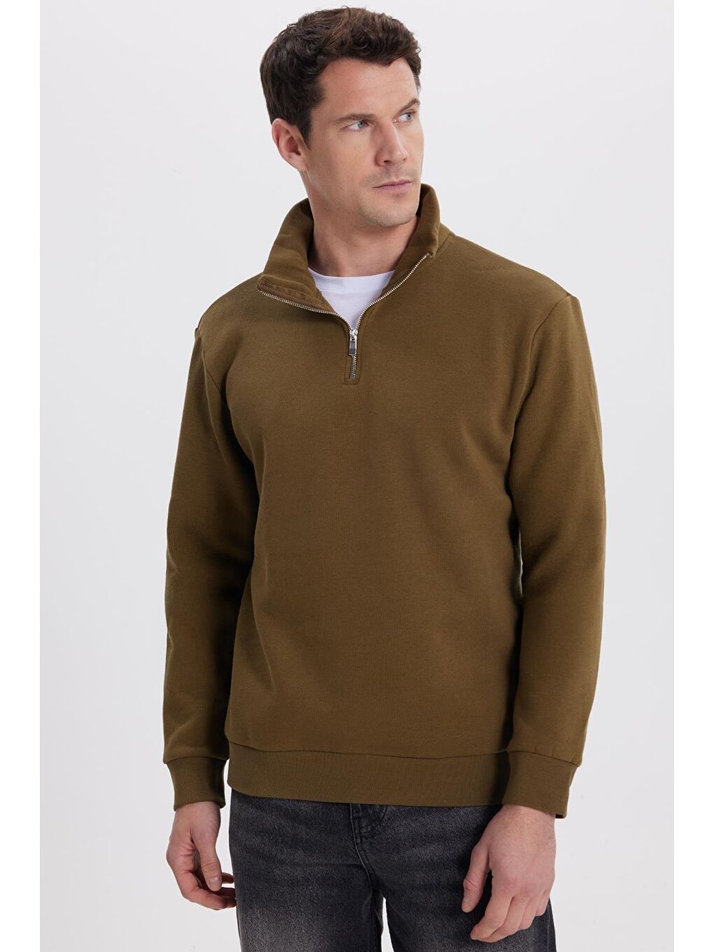 Unisex Relax Fit Rahat Kesim Pamuklu İçi Polarlı Yarım Fermuarlı Yeşil Dik Yaka Sweatshirt-4