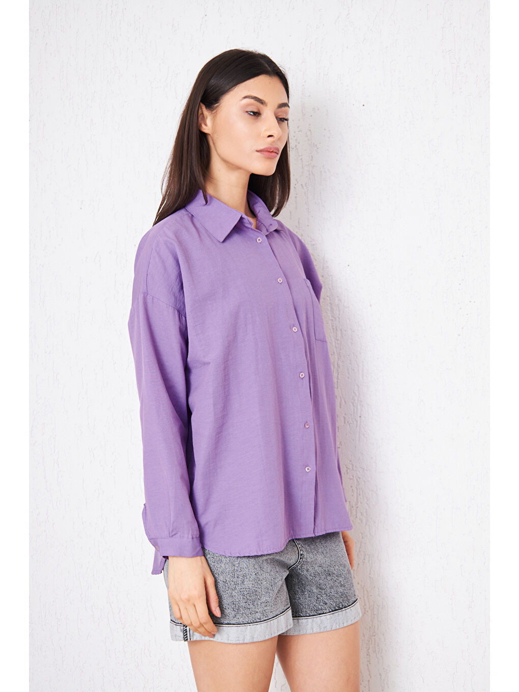 Kadın Cepli Trend Kollu Düğmeli Mor Gömlek-3