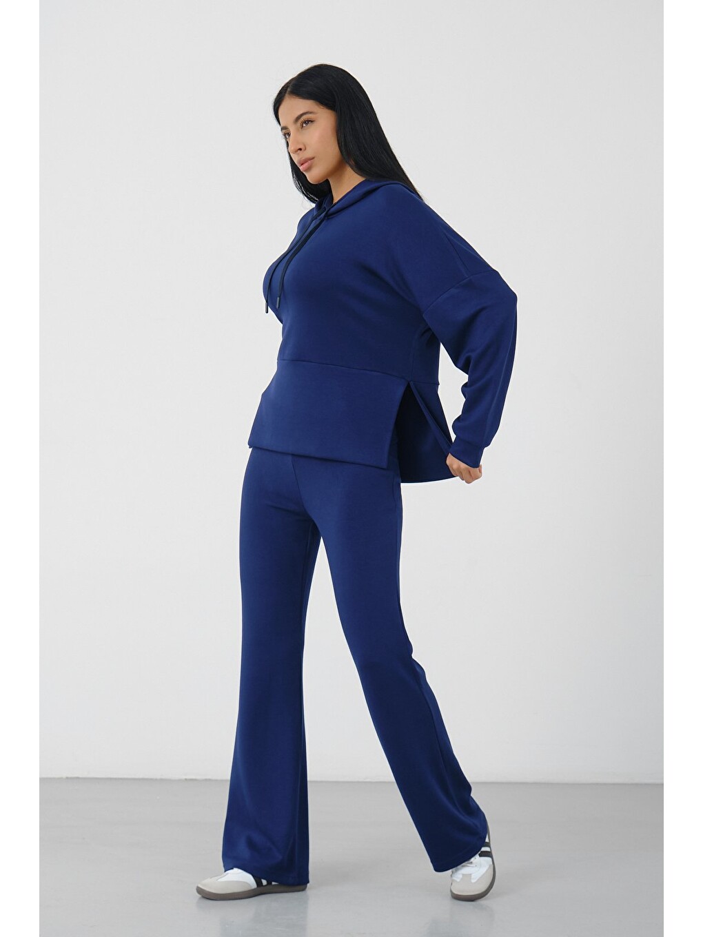 Lacivert Kadın Kapüşonlu Salaş Takım Oversize Sweat ve Geniş Paça Alt-1