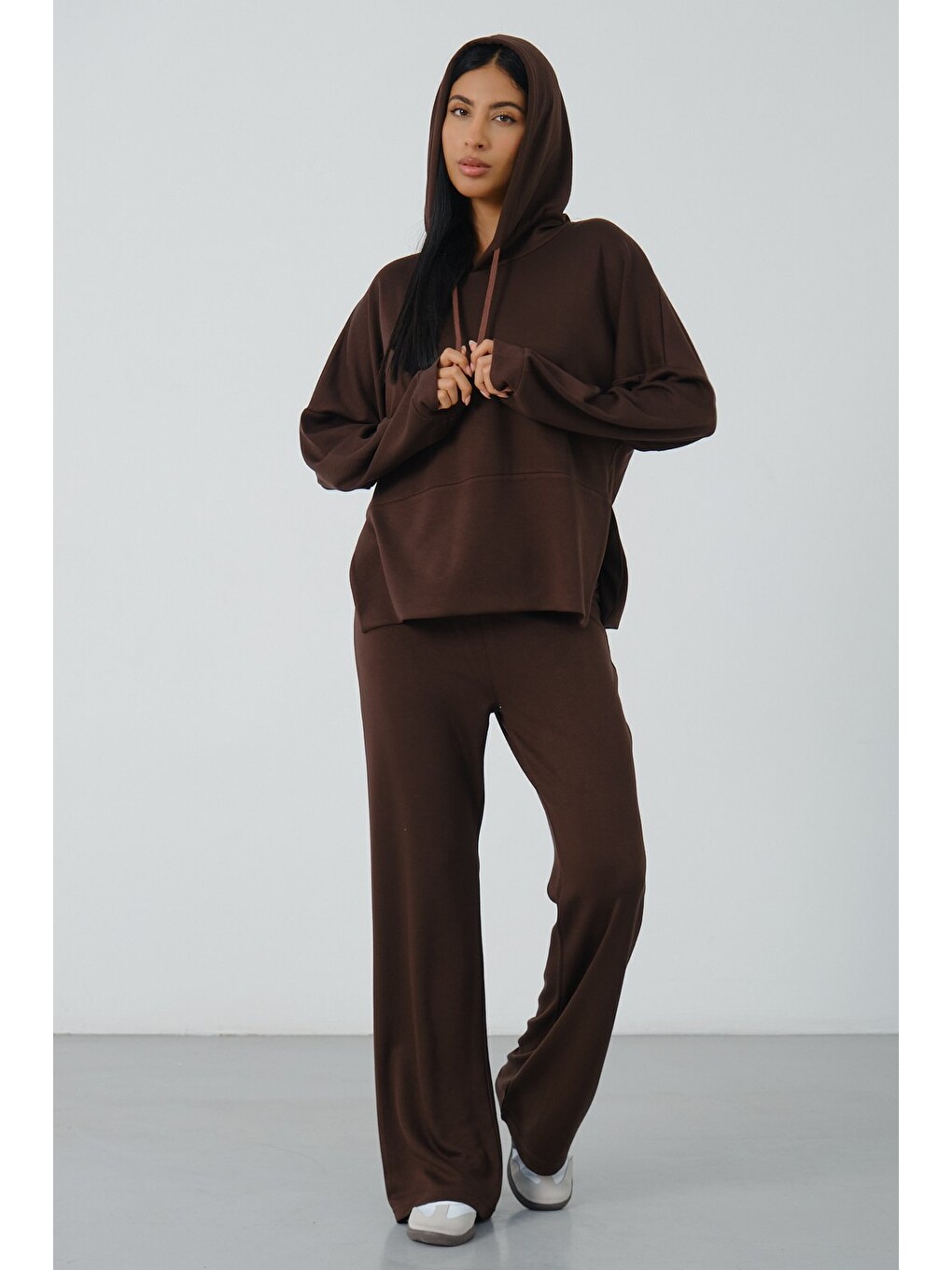 Kahverengi Kadın Kapüşonlu Salaş Takım Oversize Sweat ve Geniş Paça Alt-3