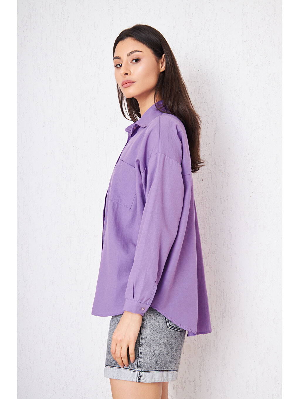 Kadın Cepli Trend Kollu Düğmeli Mor Gömlek-4