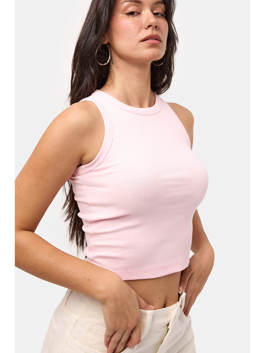 Kadın Pembe s6-98 Sıfır Kol Esnek Kumaş Crop Top-5