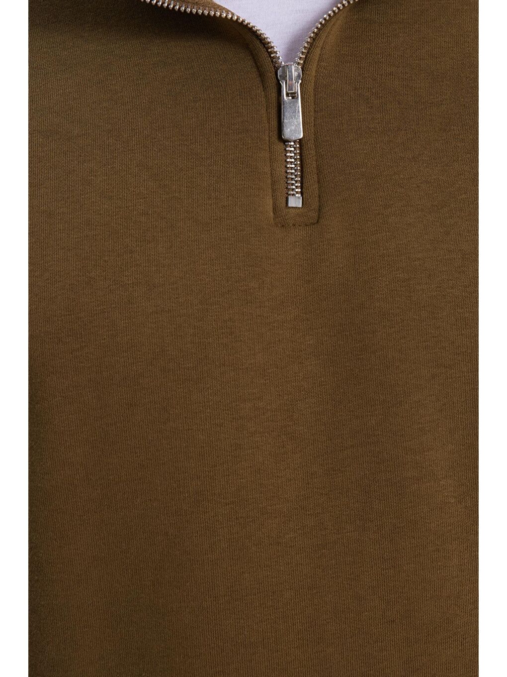 Unisex Relax Fit Rahat Kesim Pamuklu İçi Polarlı Yarım Fermuarlı Yeşil Dik Yaka Sweatshirt-5