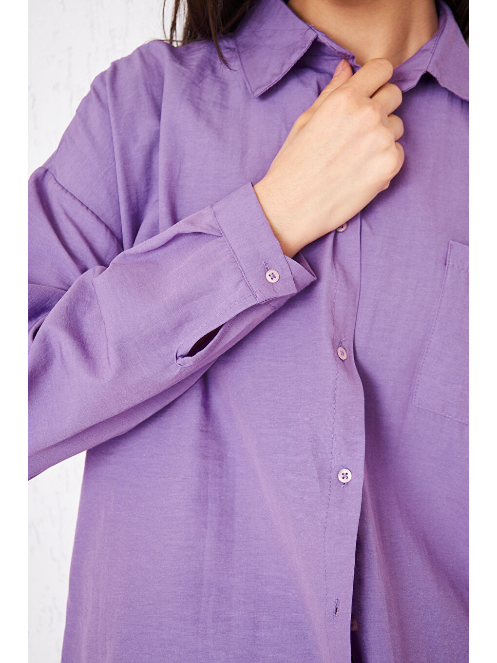 Kadın Cepli Trend Kollu Düğmeli Mor Gömlek-5