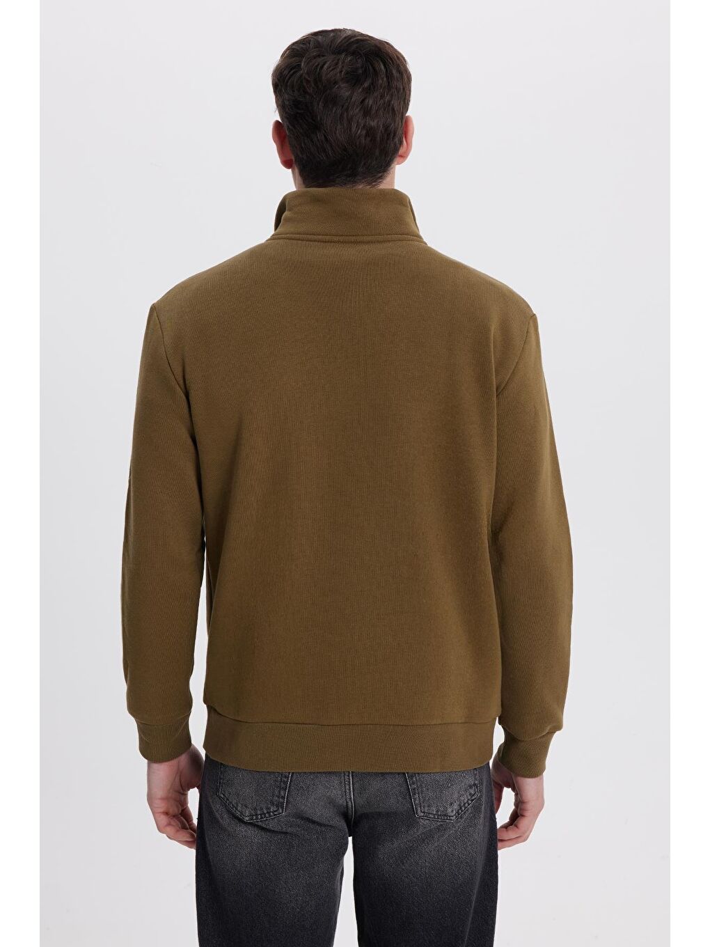 Unisex Relax Fit Rahat Kesim Pamuklu İçi Polarlı Yarım Fermuarlı Yeşil Dik Yaka Sweatshirt-6