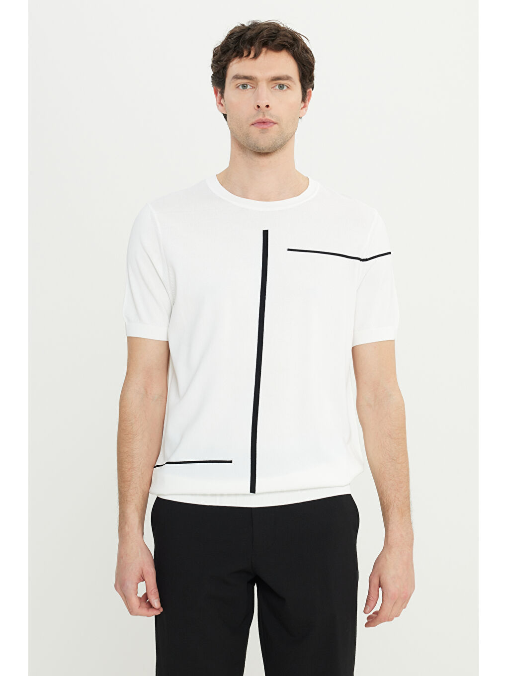 Erkek Ekru Standart Fit Normal Kesim Bisiklet Yaka Jakarlı Triko Tişört-2
