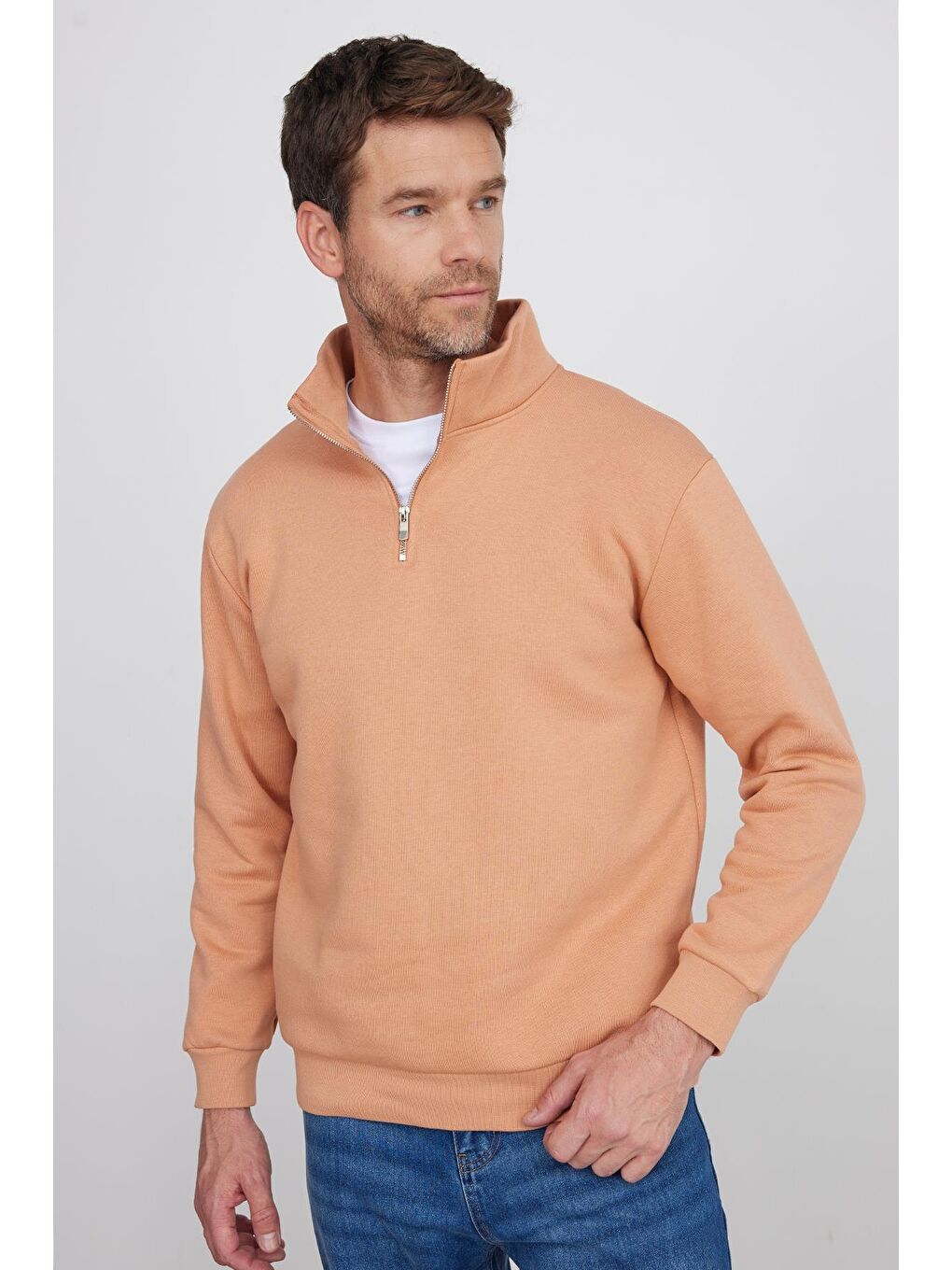 Pembe Unisex Relax Fit Rahat Kesim Pamuklu İçi Polarlı Yarım Fermuarlı Yavruağzı Dik Yaka Sweatshirt