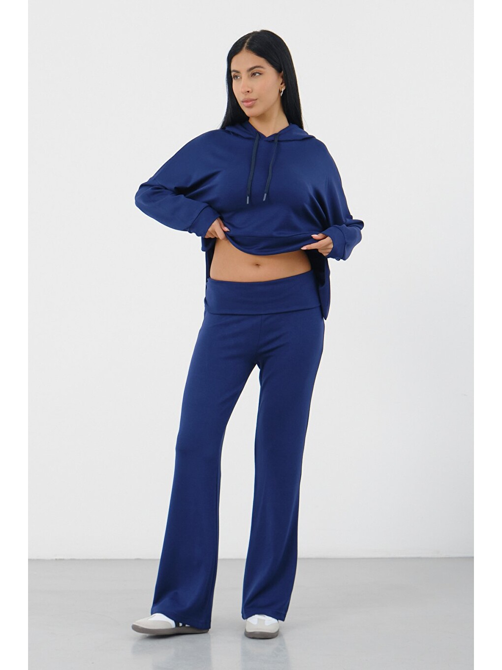 Lacivert Kadın Kapüşonlu Salaş Takım Oversize Sweat ve Geniş Paça Alt-2