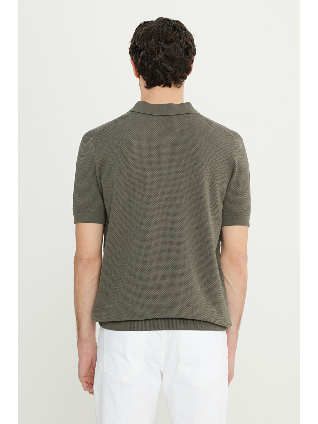 Erkek Haki %100 Pamuk Standart Fit Normal Kesim Polo Yaka Jakarlı Triko Tişört-4