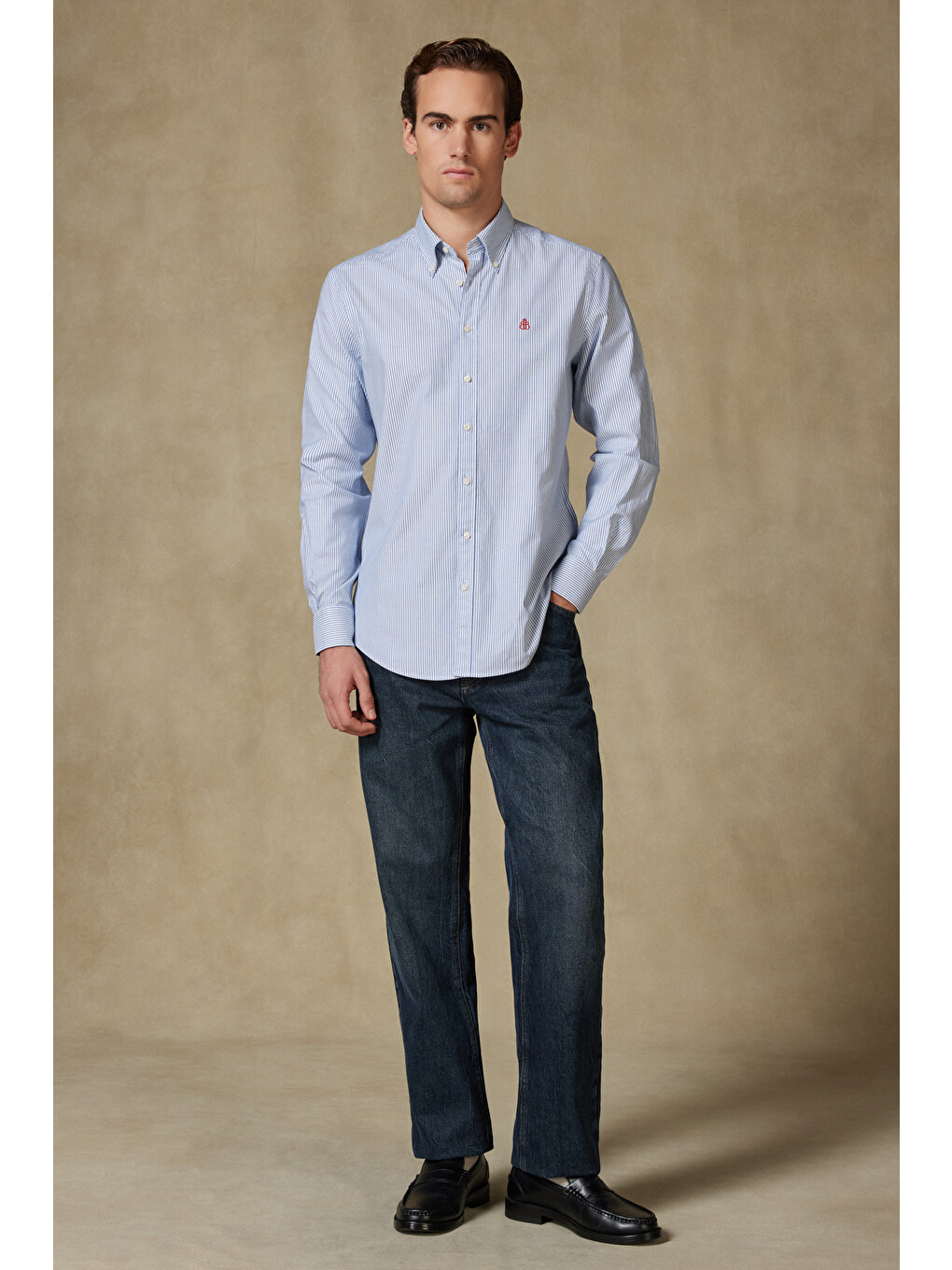 Luca Oxford Stretch Pamuk Karışımlı Comfort Fit Lacivert Düğmeli Yaka Erkek Çizgili Gömlek-1