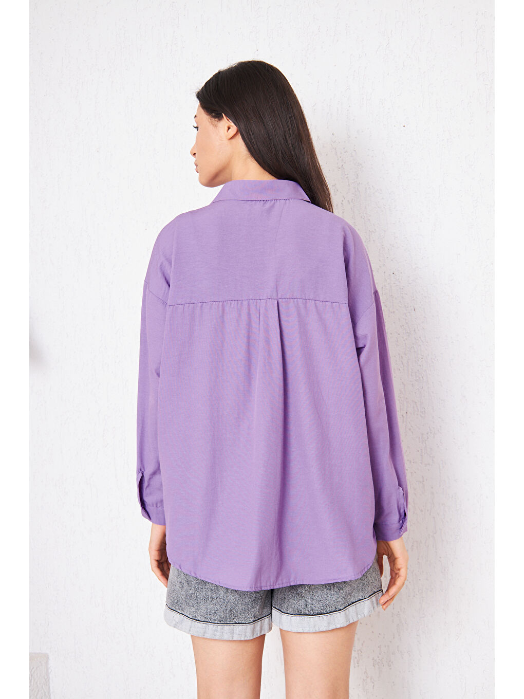 Kadın Cepli Trend Kollu Düğmeli Mor Gömlek-7