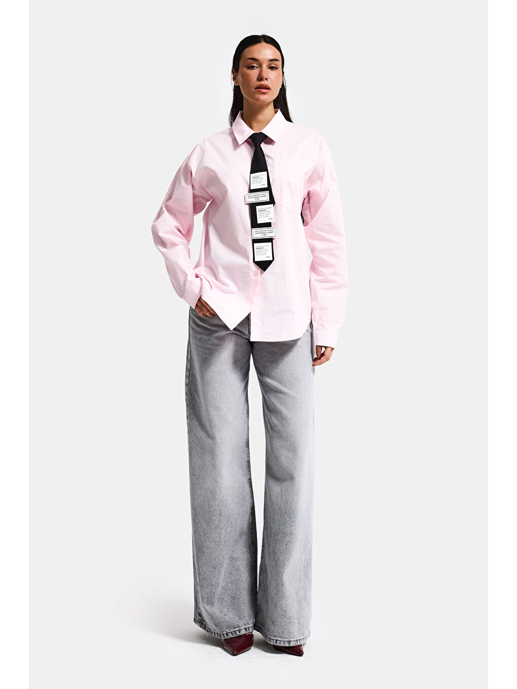 Kadın Pembe Renk Oversize Kravatlı Özel Tasarım Bol Kesim Gömlek-1