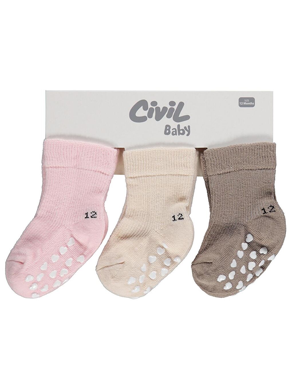 Beyaz Baby Kaydırmaz Kalp Baskı 3'lü 6-18 Ay Bebek Kız Çorap Set - Standart-2