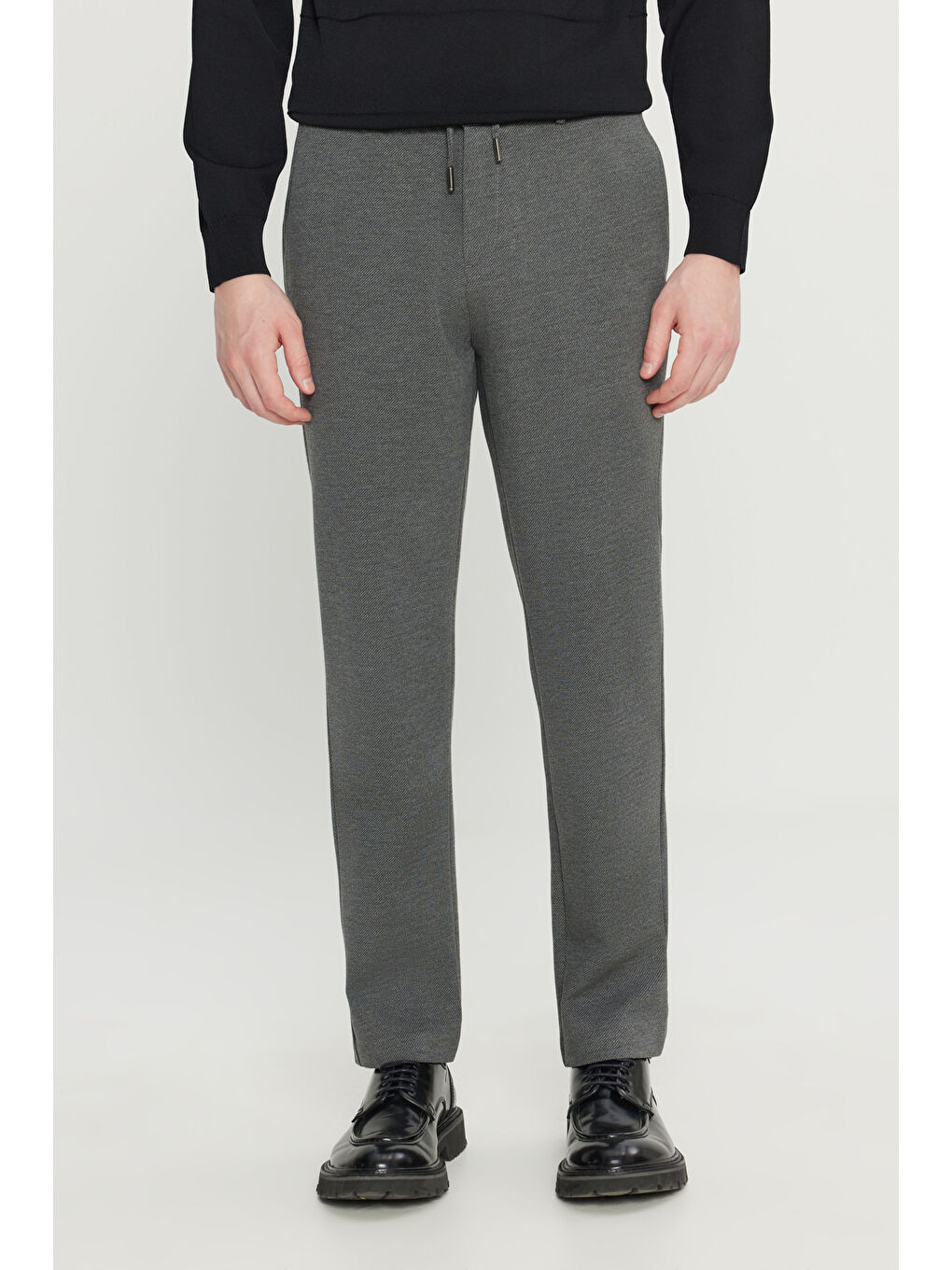 Erkek Gri Melanj Jogger Slim Fit Dar Kesim Yan Cepli Beli Bağlamalı Casual Pantolon