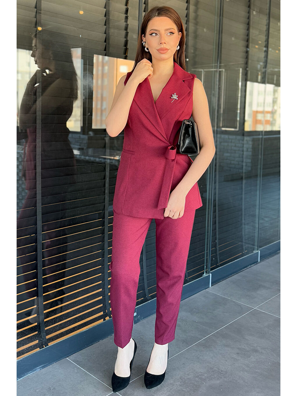 Bordo Kadın Broş Detaylı Yelek Pantolon İkili Takım-1