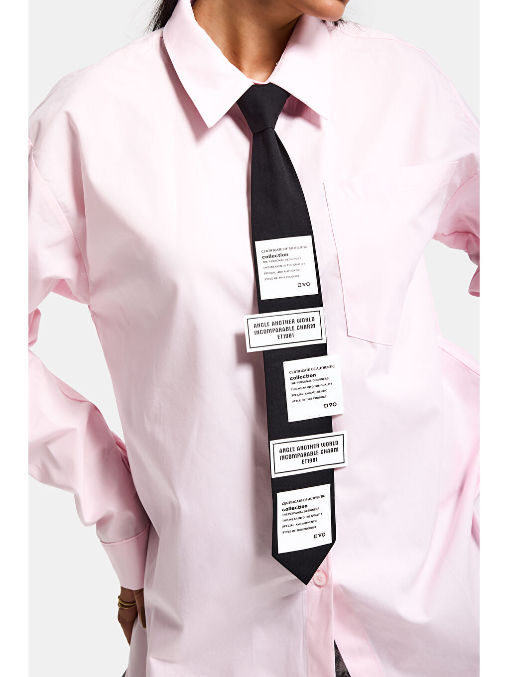 Kadın Pembe Renk Oversize Kravatlı Özel Tasarım Bol Kesim Gömlek-2