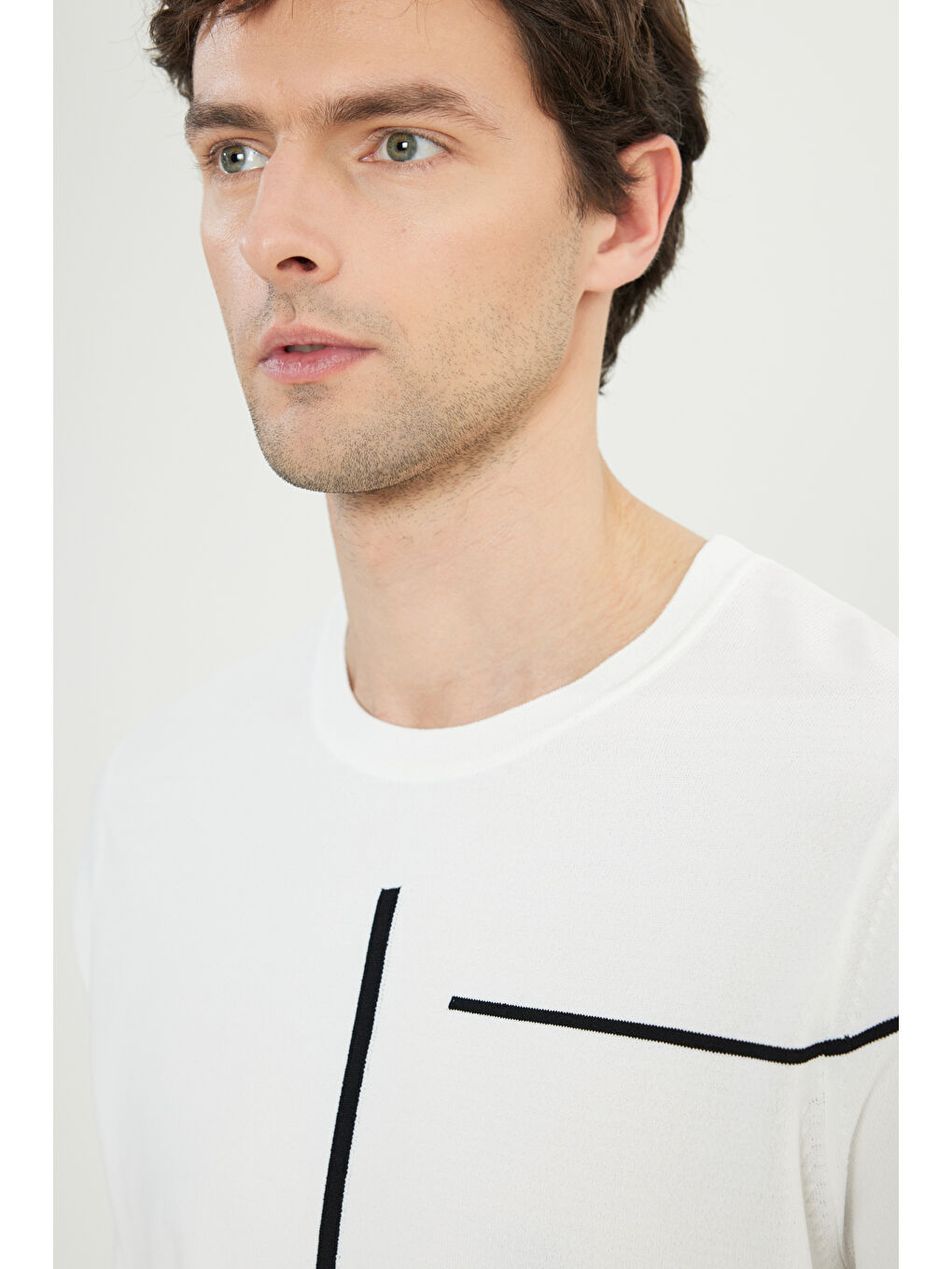 Erkek Ekru Standart Fit Normal Kesim Bisiklet Yaka Jakarlı Triko Tişört-3