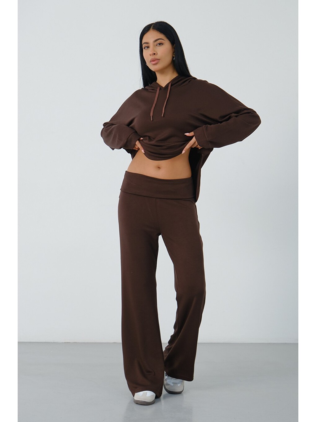 Kahverengi Kadın Kapüşonlu Salaş Takım Oversize Sweat ve Geniş Paça Alt-5