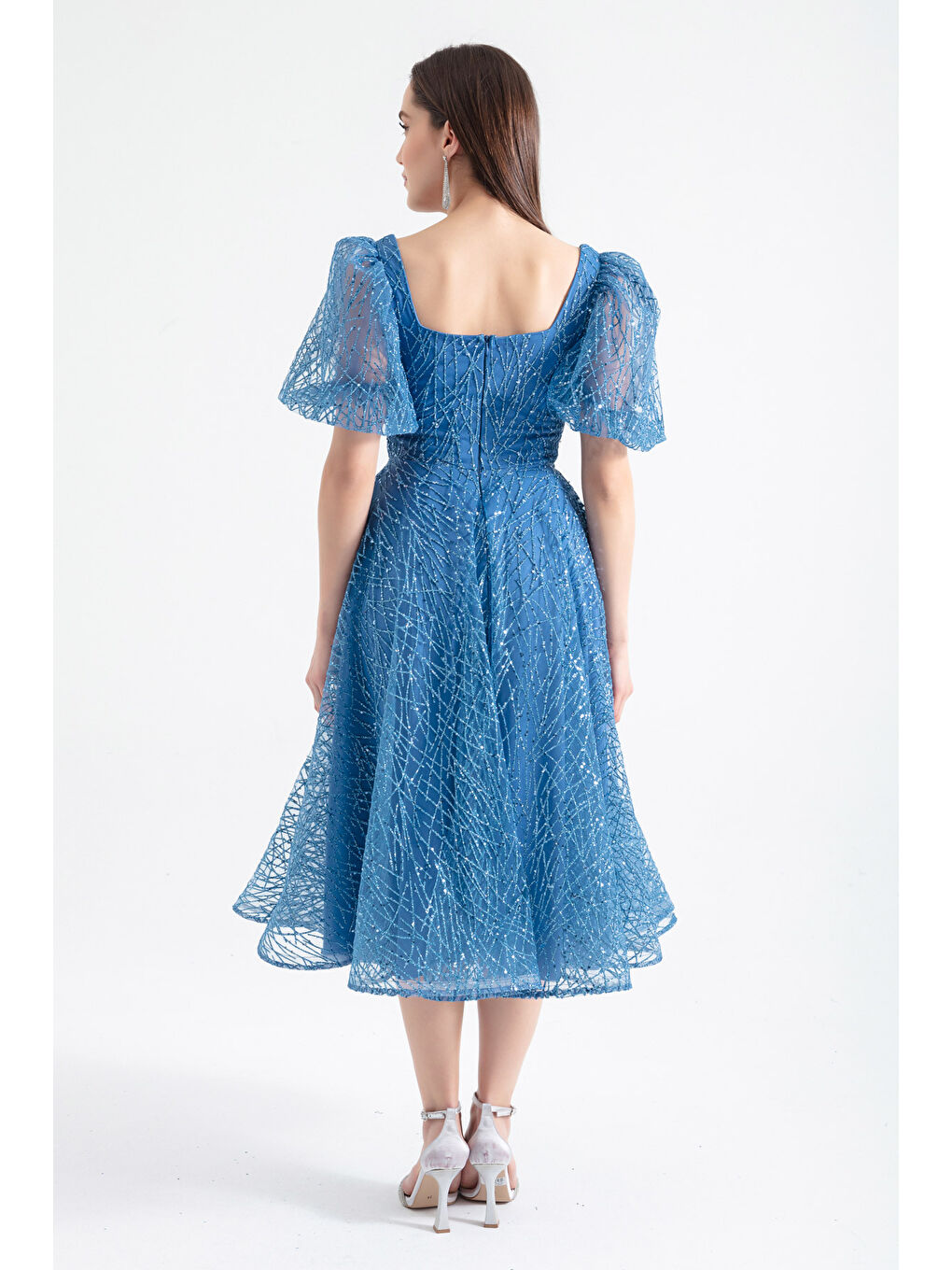 Kadın İndigo Balon Kol Simli Midi Abiye-4