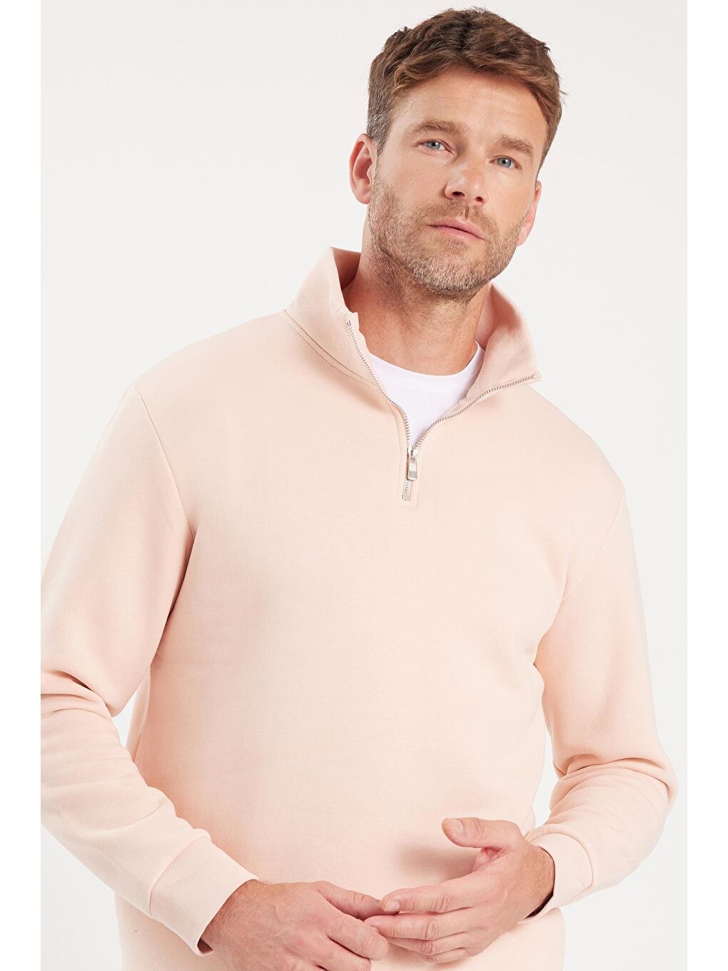 Pembe Unisex Relax Fit Rahat Kesim Pamuklu İçi Polarlı Yarım Fermuarlı Somon Dik Yaka Sweatshirt