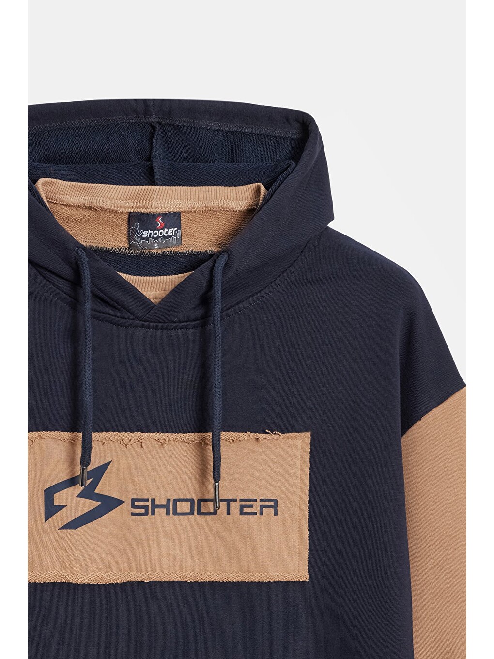 Lacivert -  Bej Erkek Oversize Kapüşonlu Baskılı Kanguru Cepli Sweatshirt-1