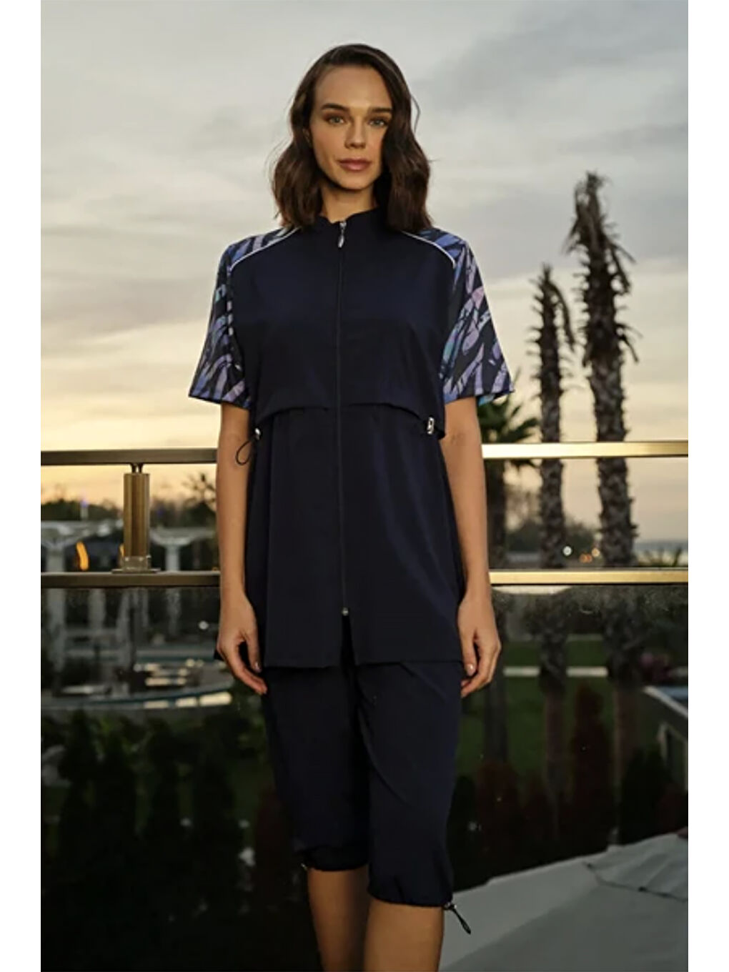 Spor Elastan Kısa Kollu Yarı Kapalı Mayo 3418 Koyu Lacivert-1