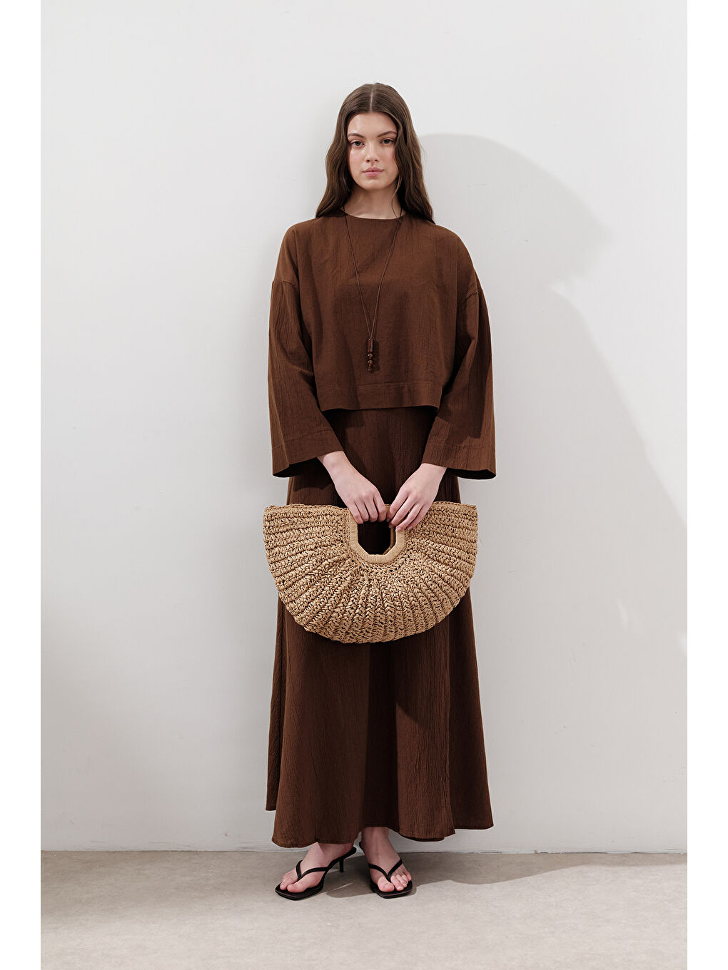 Pamuklu Geniş Kol Crop Bluz Kahverengi-2