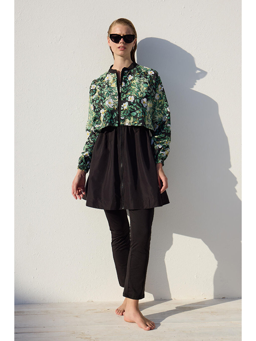 Yeşil Rüzgarlıklı 3'Lü Tesettür Mayo Takımı Yaprak-4