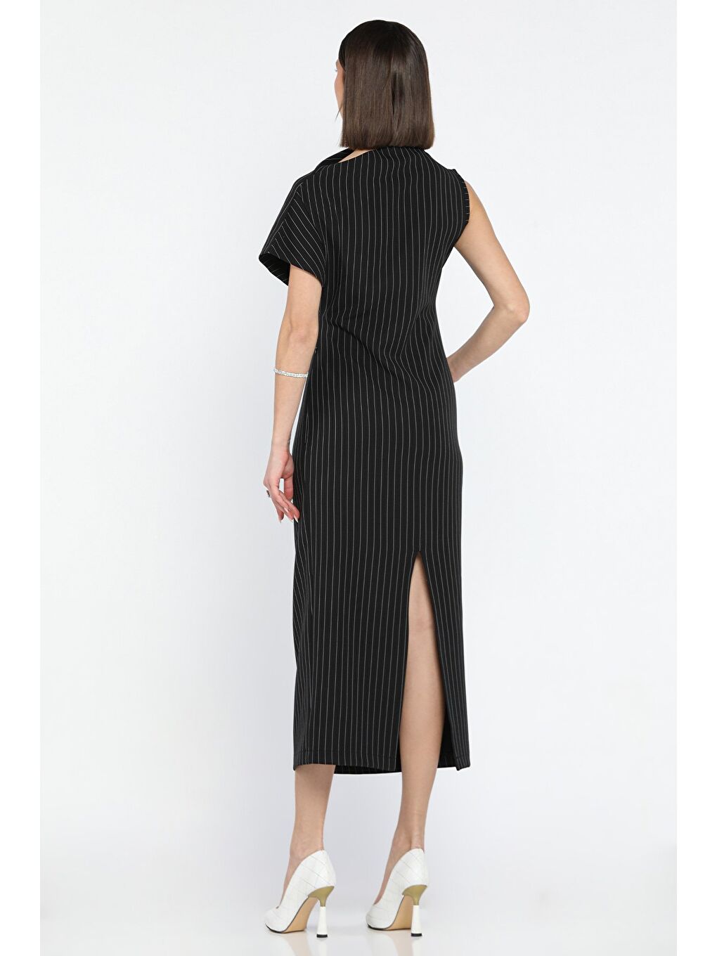 Siyah Kadın Çizgi Desenli Bel Drapeli Kadın Elbise-3