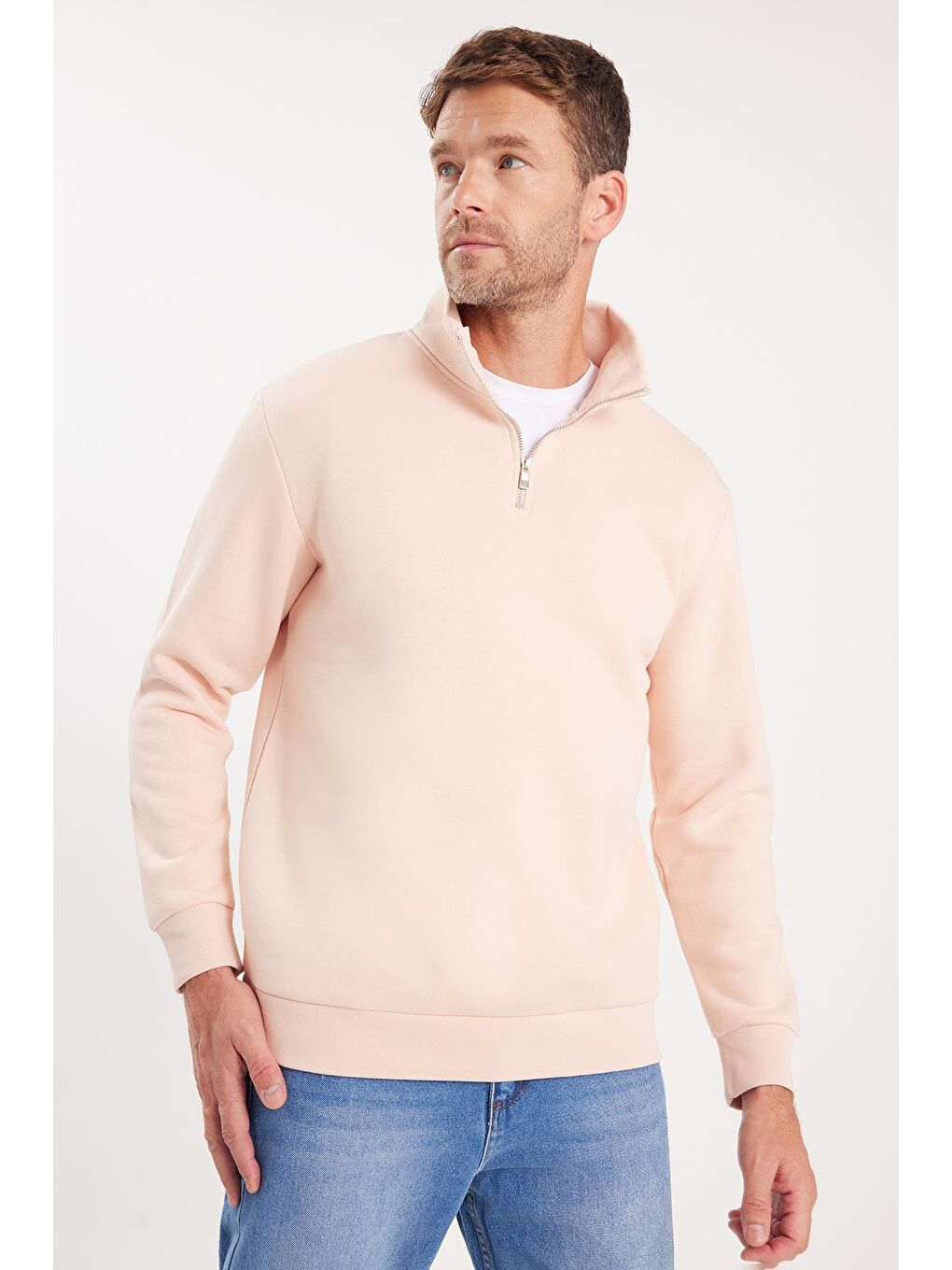 Pembe Unisex Relax Fit Rahat Kesim Pamuklu İçi Polarlı Yarım Fermuarlı Somon Dik Yaka Sweatshirt-1