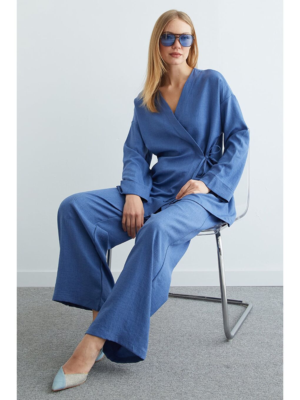 İndigo Fullamodest Yandan Bağlamalı Kimono 2 Li Takım-1