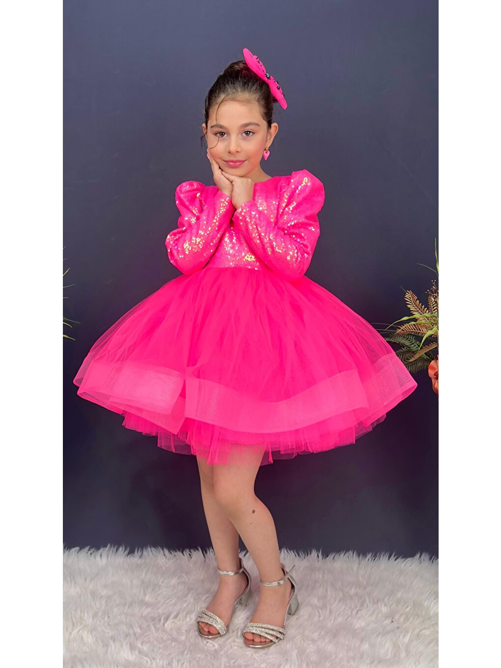 Fuşya Tütü Gren Etekli Kız Çocuk Pul Payetli Uzun Kol Kikidi Elbise MNK0583