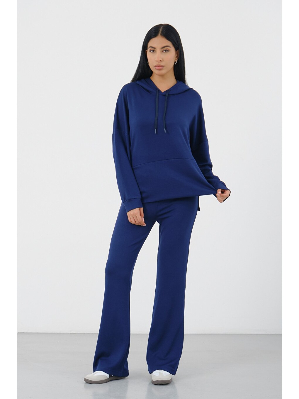 Lacivert Kadın Kapüşonlu Salaş Takım Oversize Sweat ve Geniş Paça Alt-4
