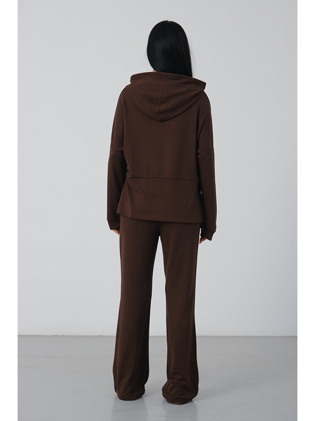 Kahverengi Kadın Kapüşonlu Salaş Takım Oversize Sweat ve Geniş Paça Alt-6
