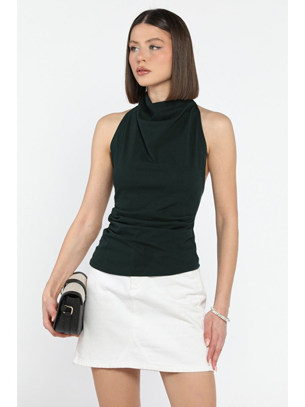 Yeşil Sırt Dekolteli Kemer Detaylı Drapeli Kadın Bluz