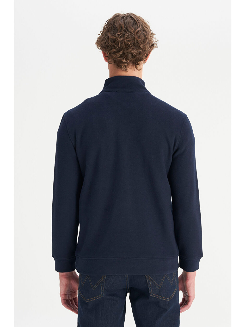 Lacivert Pamuklu Regular Fit Dik Yaka Fermuarlı Selanik Örgü Sweatshirt-4