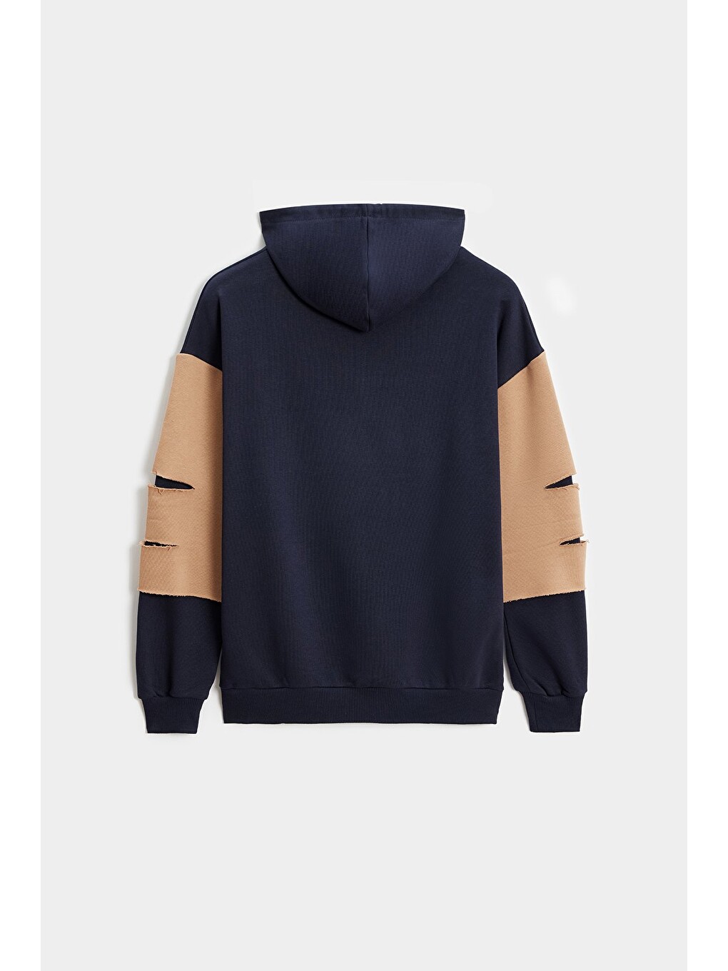 Lacivert -  Bej Erkek Oversize Kapüşonlu Baskılı Kanguru Cepli Sweatshirt-3