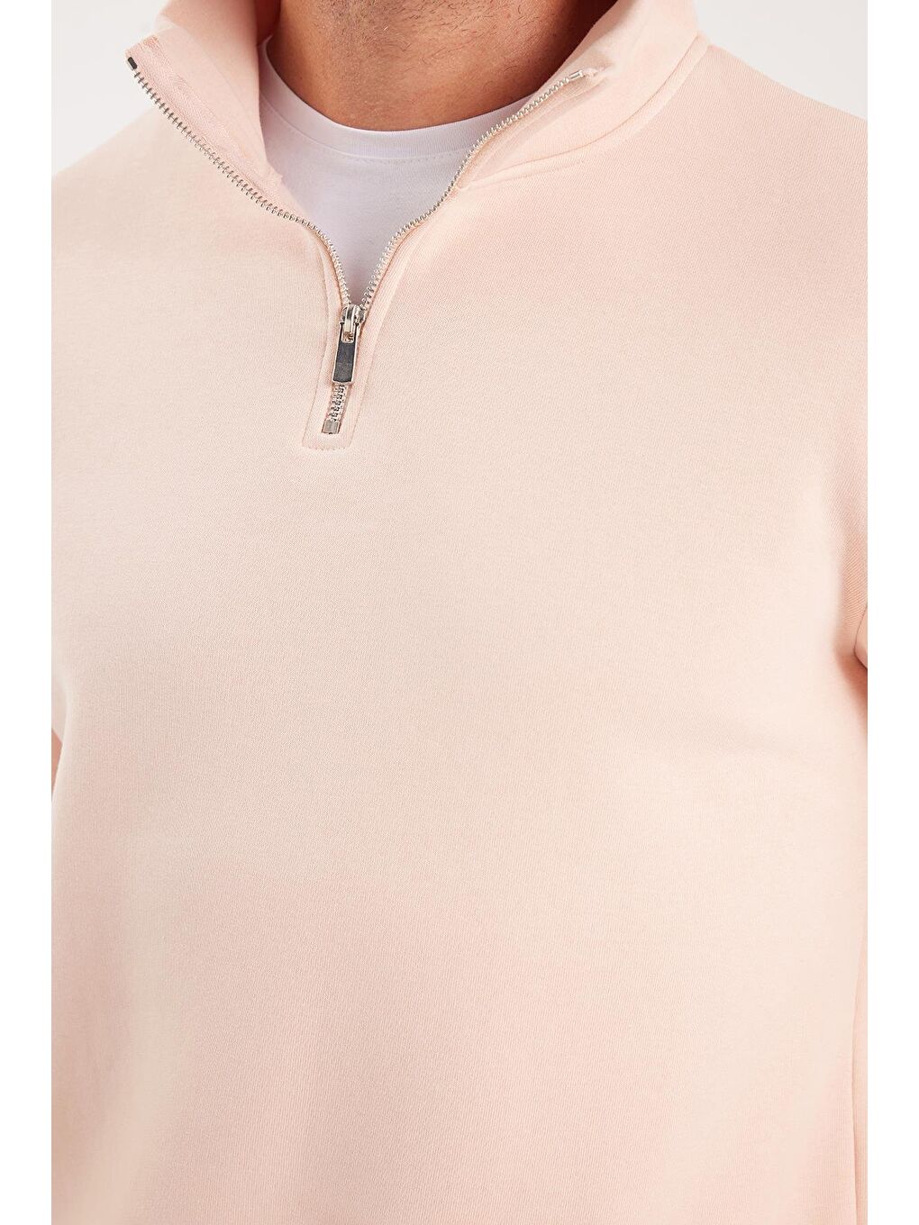 Pembe Unisex Relax Fit Rahat Kesim Pamuklu İçi Polarlı Yarım Fermuarlı Somon Dik Yaka Sweatshirt-2