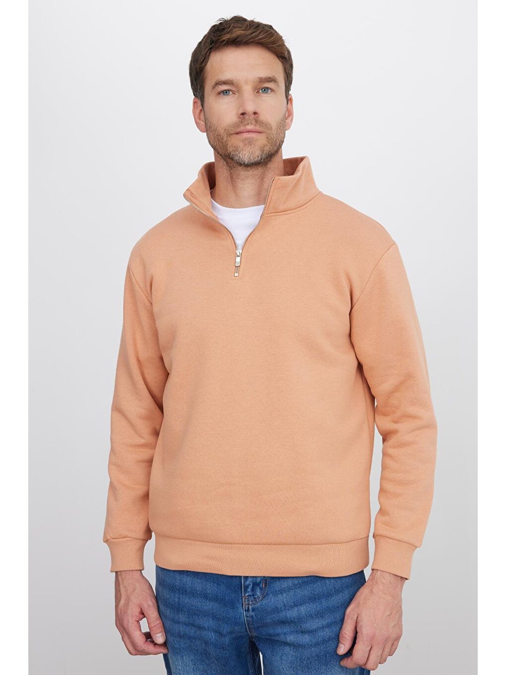 Pembe Unisex Relax Fit Rahat Kesim Pamuklu İçi Polarlı Yarım Fermuarlı Yavruağzı Dik Yaka Sweatshirt-3