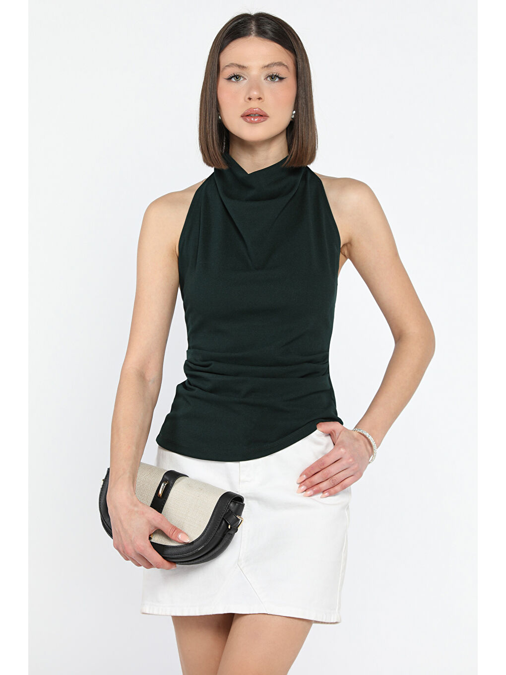 Yeşil Sırt Dekolteli Kemer Detaylı Drapeli Kadın Bluz-1