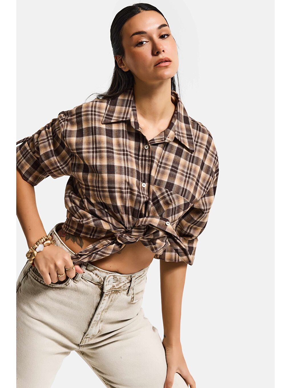 Kahverengi Kadın Kahve Ekose s6-10 Oversize Bol Kesim Pamuk Gömlek-2