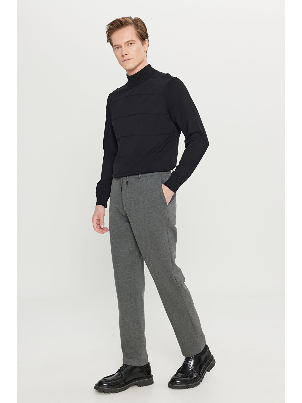 Erkek Gri Melanj Jogger Slim Fit Dar Kesim Yan Cepli Beli Bağlamalı Casual Pantolon-1