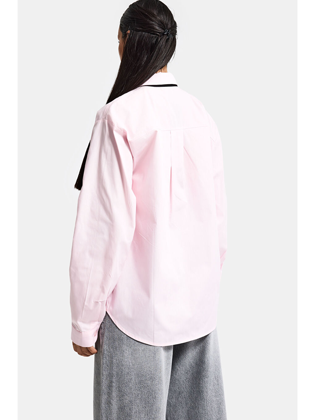 Kadın Pembe Renk Oversize Kravatlı Özel Tasarım Bol Kesim Gömlek-5