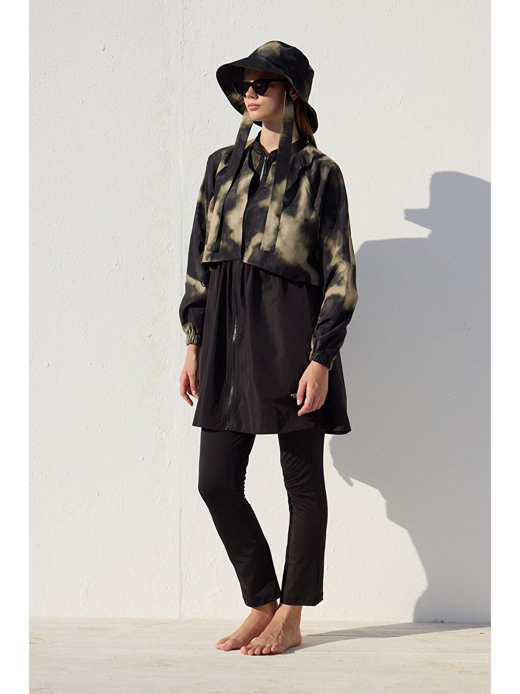 Yeşil Rüzgarlıklı 3'Lü Tesettür Mayo Takımı Flu Batik-2