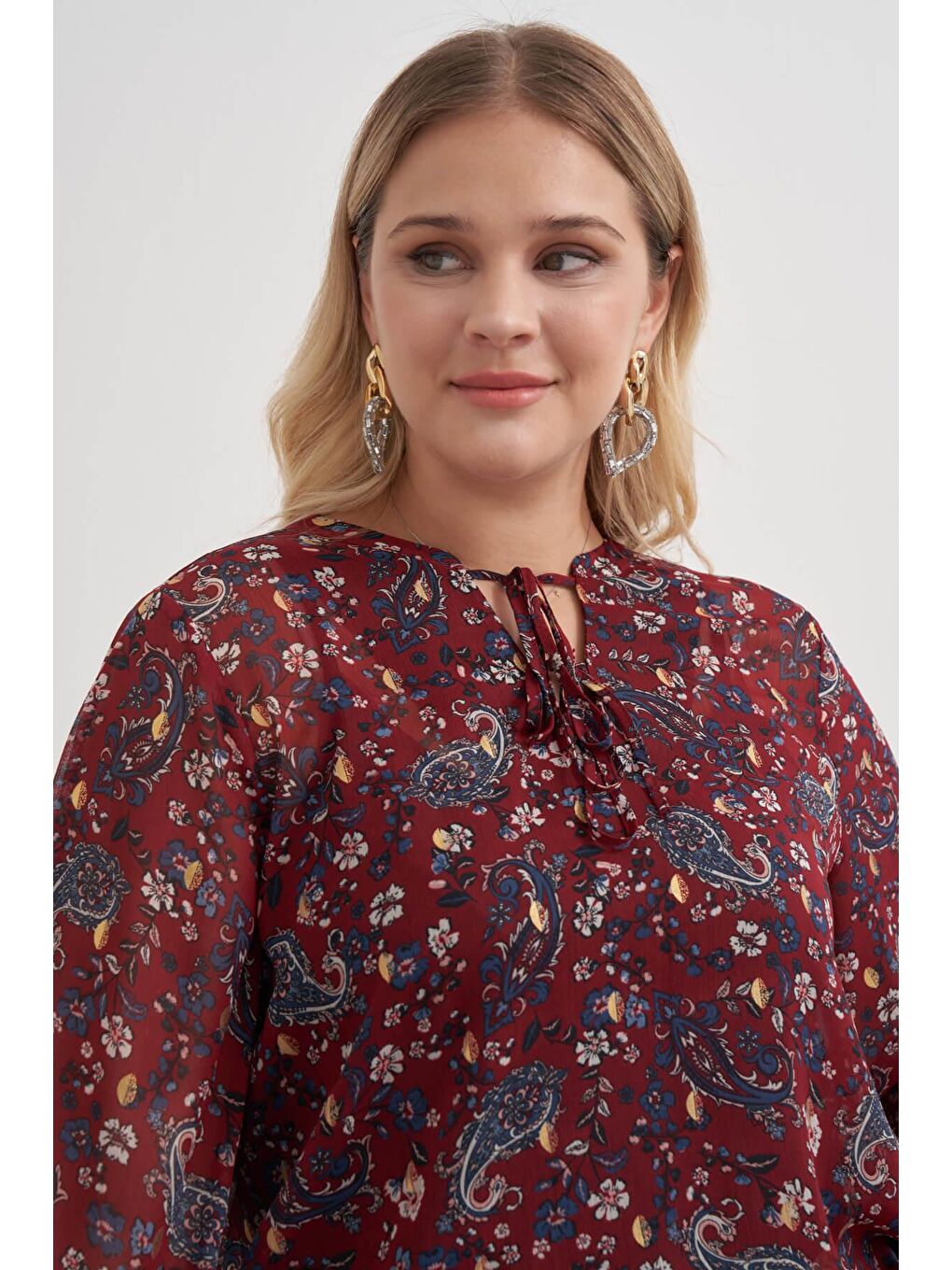 Bordo Önü Bağcıklı Şifon Bluz-2